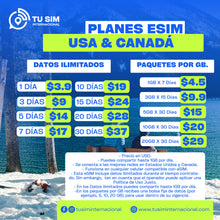 Precios eSIM ilimitada para Estados Unidos Canadá
